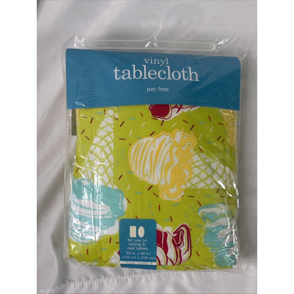 Vinyl Tablecloth PVC Free‎ 52"x 90" Oblong Oval Green Summer Ice Cream Cones NEW
